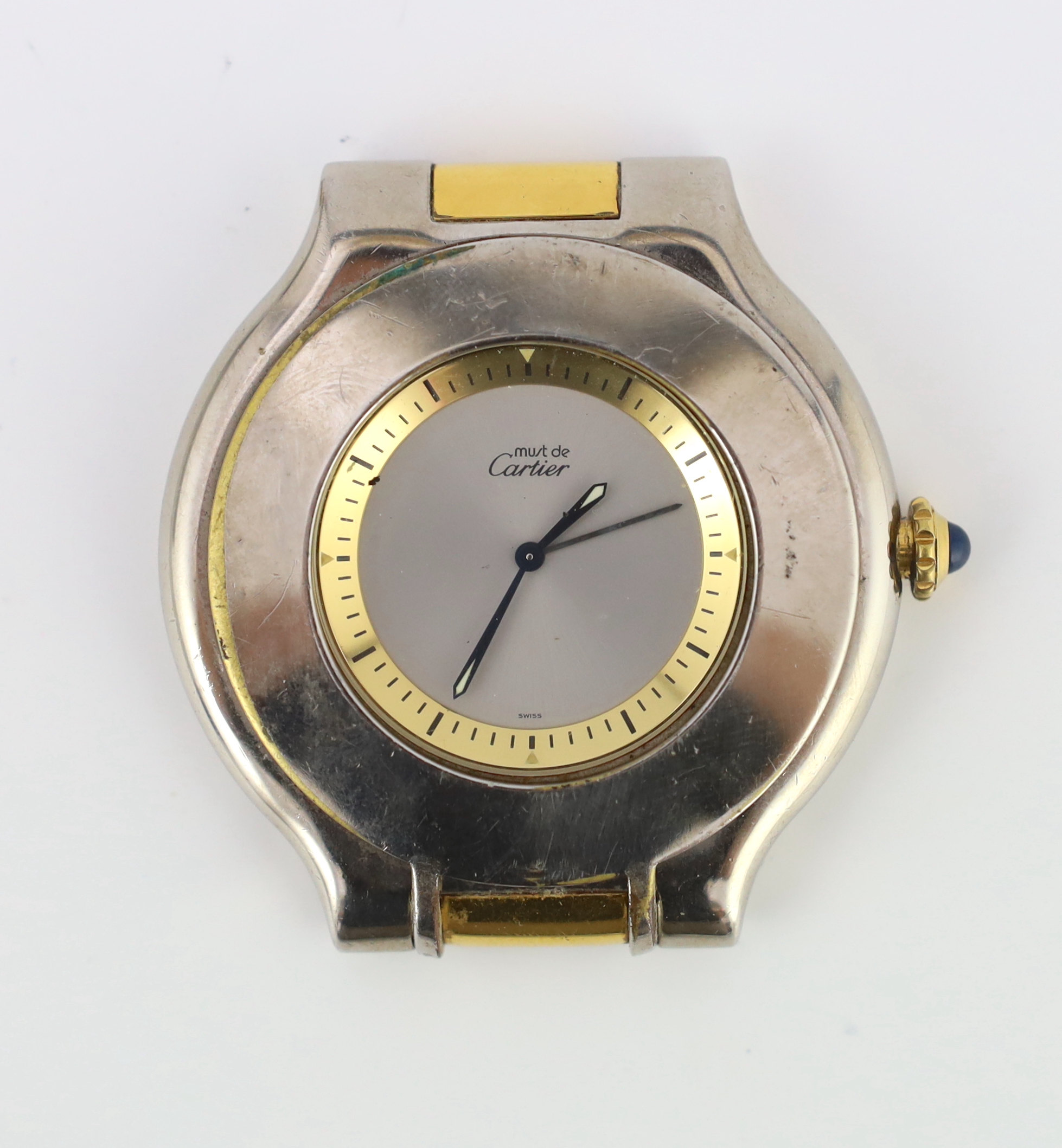 A modern Must de Cartier steel and gold plated quartz travelling timepiece